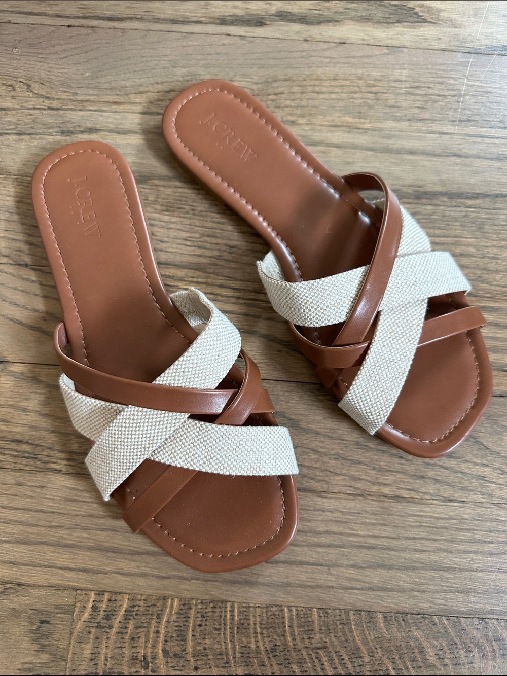 J. Crew Tan and Cream Crossband Slide Sandals